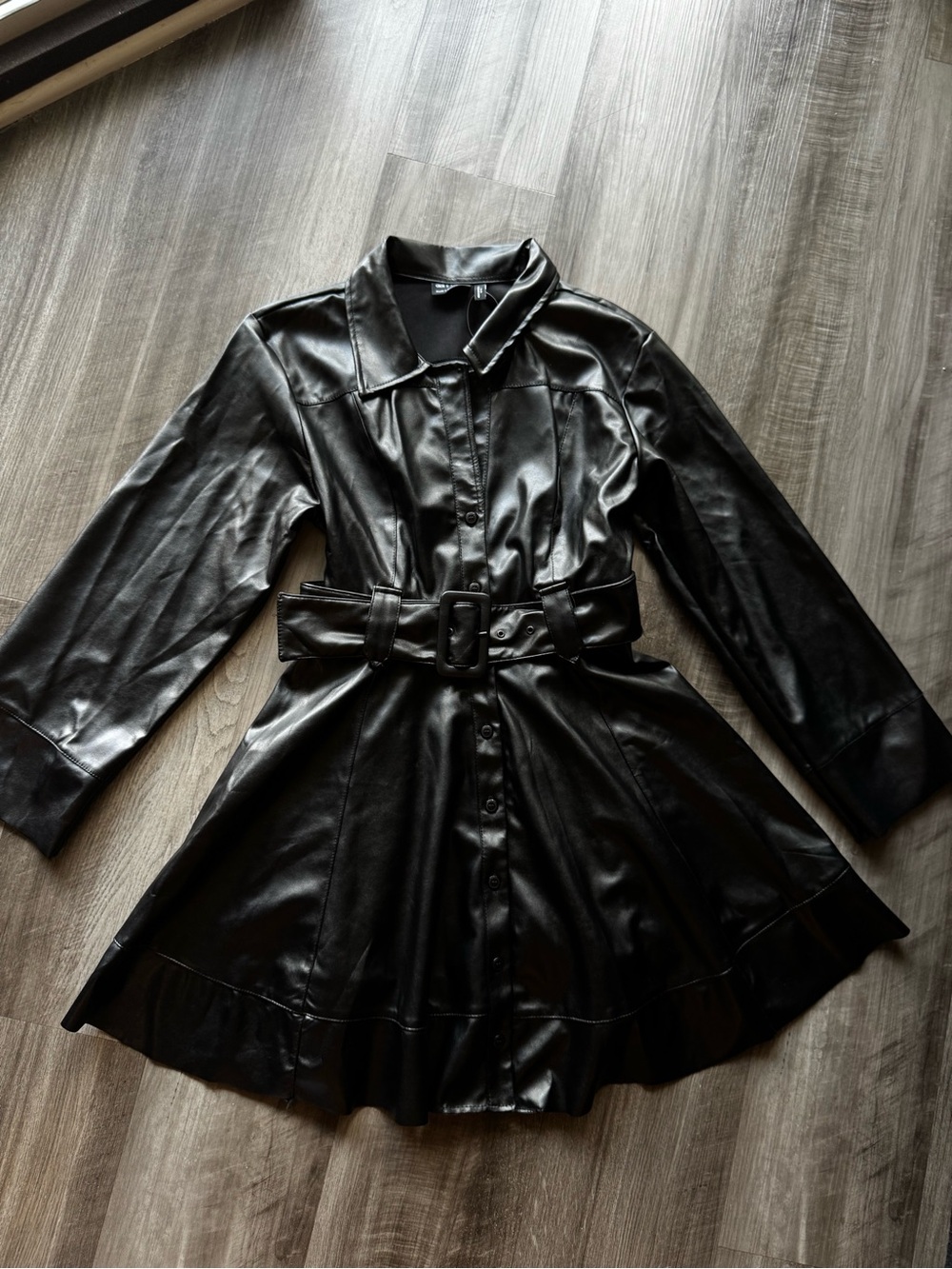 ASOS Black Faux Leather Long-Sleeve Belted Shirt Dress